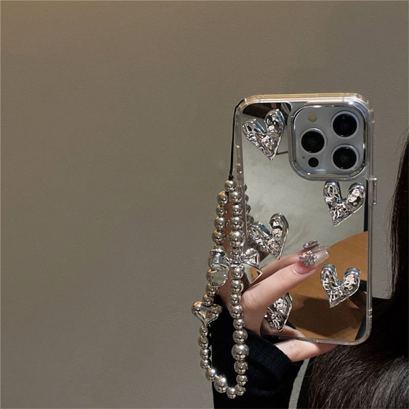 Luxury Electroplated Mirror Epoxy Love Heart Chain Phone Case for iphone 15Pro 14 13 12 11 Pro Max Shockproof Cover for iphone15