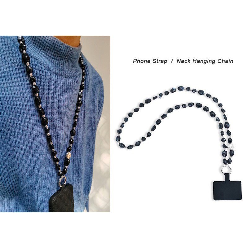 Irregular Black Beaded Smartphone Chain Lanyard Crossbody Hanging Strap Versatile Beads Mobile Phone Charm Strap Set