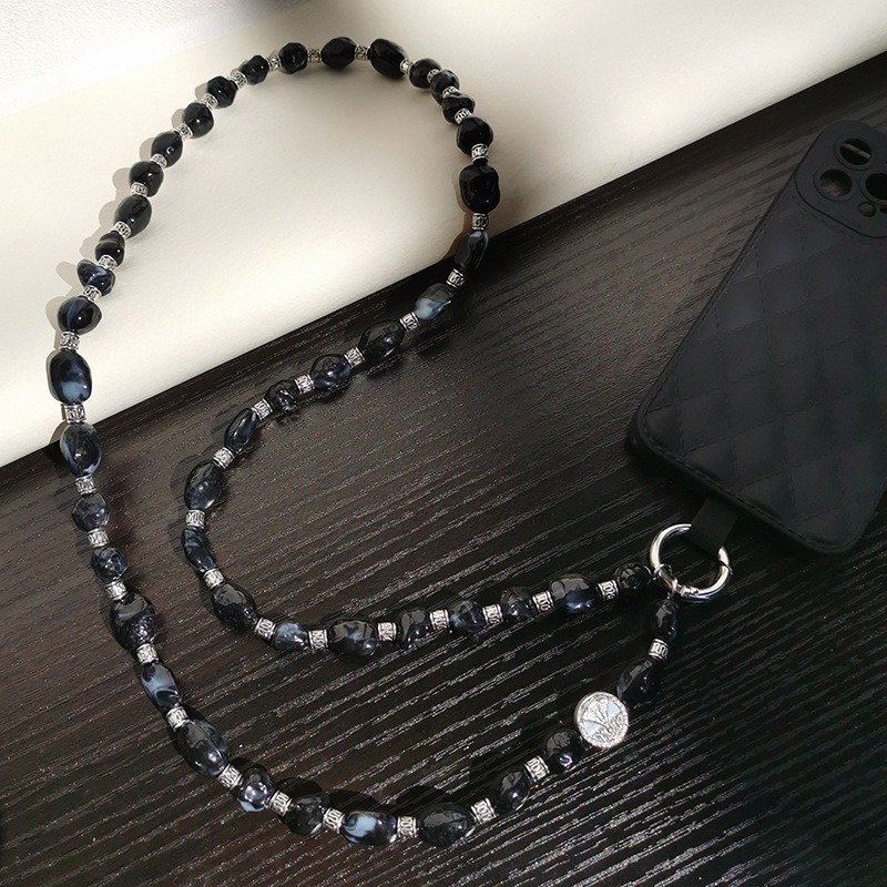 Irregular Black Beaded Smartphone Chain Lanyard Crossbody Hanging Strap Versatile Beads Mobile Phone Charm Strap Set