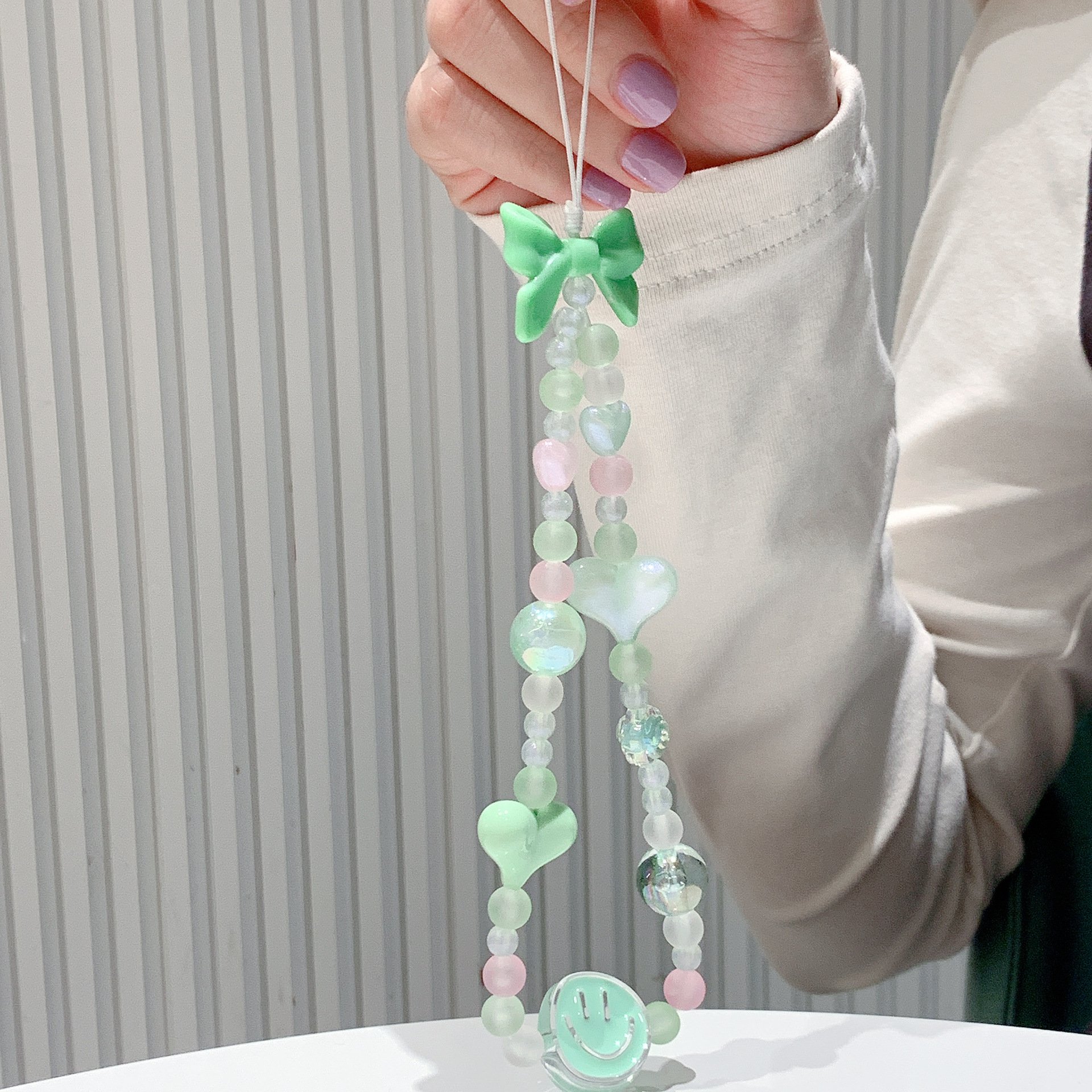 Acrylic Bow Heart Beaded Cellphone Lanyard Colorful Flower Phone Charm Pearl Bracelet Mobile Phone Wrist Strap Anti-Lost Chains