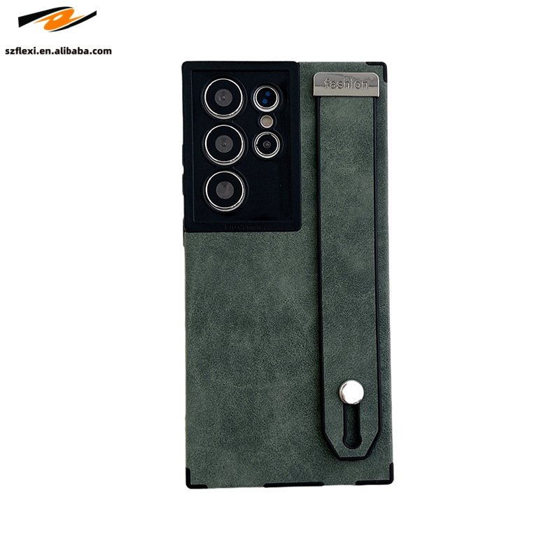 Matte PU Leather Wrist Strap Holder Case For Samsung Galaxy S24 S23 S22 Ultra Camera Protection Silicone Shockproof Cover