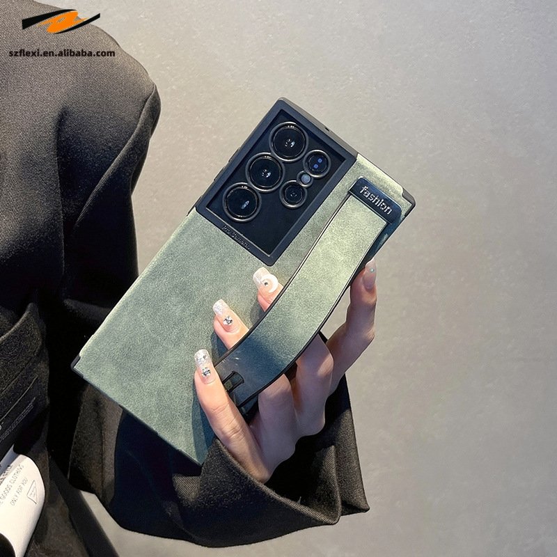 Matte PU Leather Wrist Strap Holder Case For Samsung Galaxy S24 S23 S22 Ultra Camera Protection Silicone Shockproof Cover