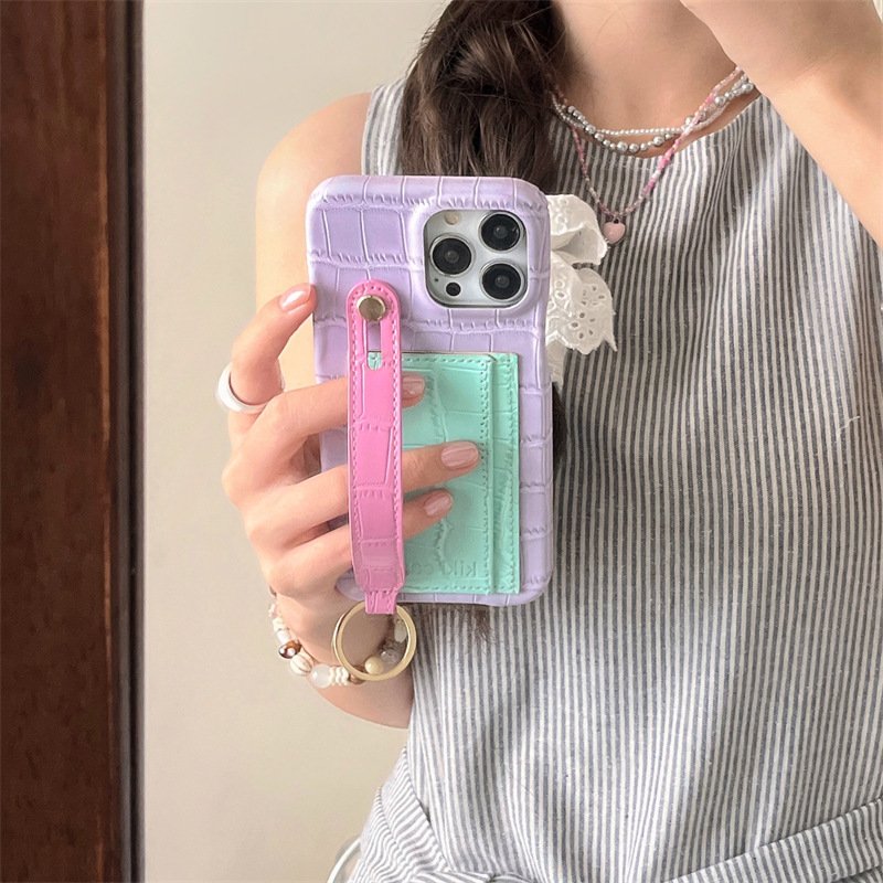 Color Contrast Crocodile Leather Card Bag Wrist Strap Phone Case For iPhone 16