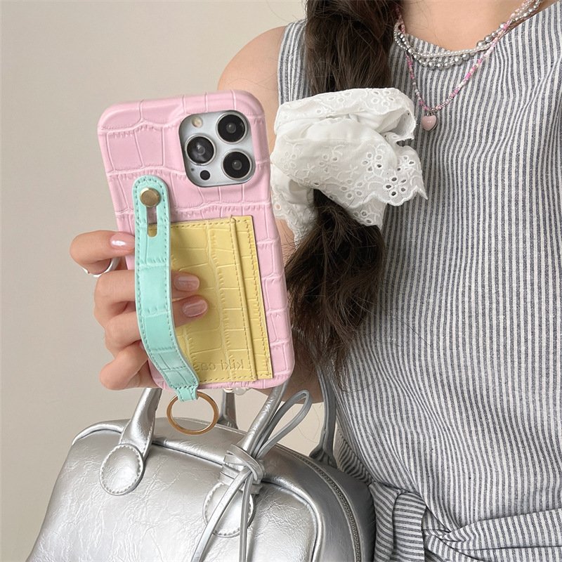 Color Contrast Crocodile Leather Card Bag Wrist Strap Phone Case For iPhone 16