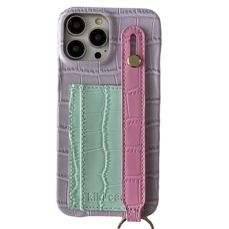 Color Contrast Crocodile Leather Card Bag Wrist Strap Phone Case For iPhone 16