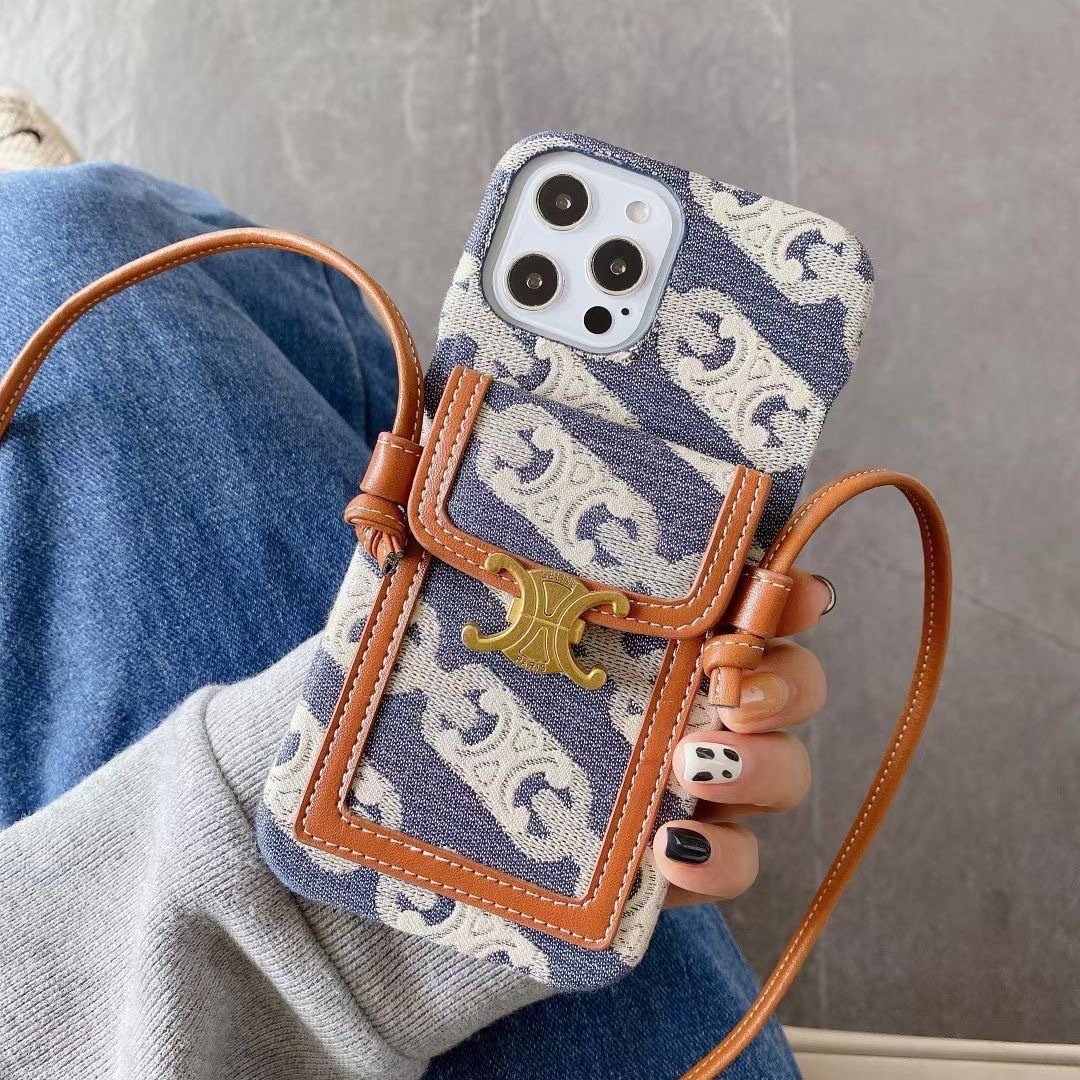 Hot sale EU American style trendy brand vintage wth crossbody strap credit card holder mobile phone case for iphone