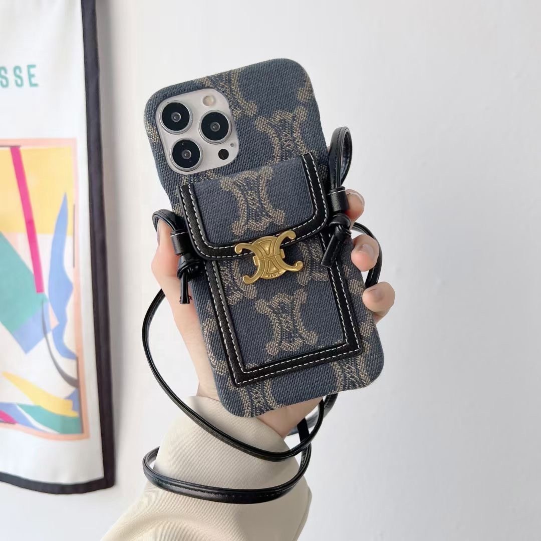 Hot sale EU American style trendy brand vintage wth crossbody strap credit card holder mobile phone case for iphone