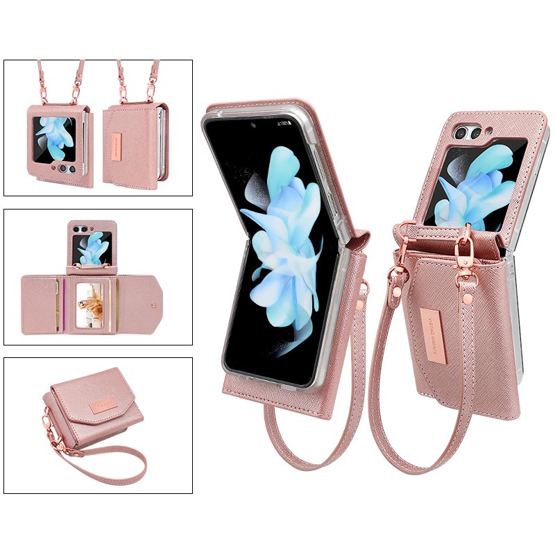 Vietao for Samsung galaxy z flip 6 case, women bank card wallet leather phone case with wristband for galaxy z flip 6,rose gold