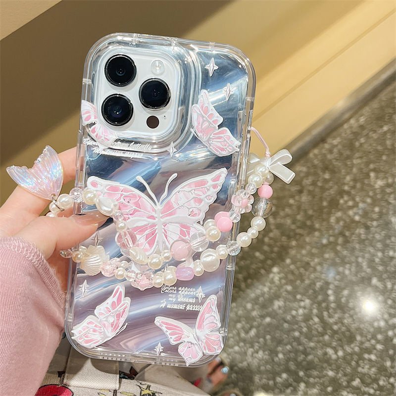 Transparent Bow Phone Case for iPhone 12 13 14 15 pro max with Chain Women Girl Clear Crystal Pink Butterfly Phone Accessories