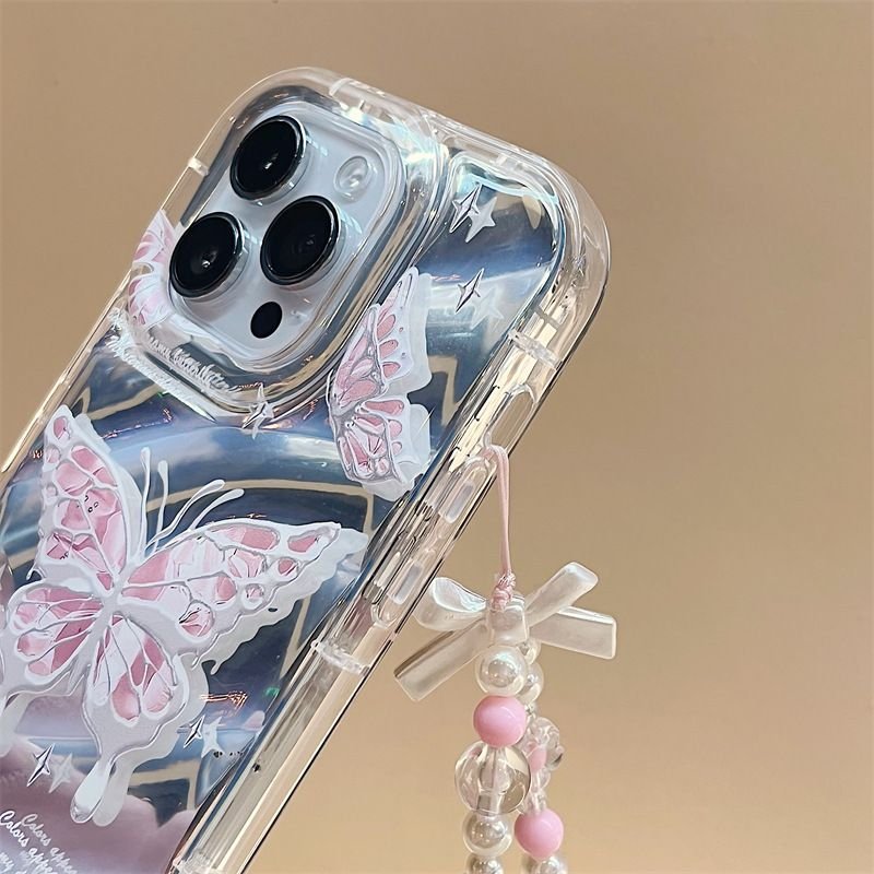 Transparent Bow Phone Case for iPhone 12 13 14 15 pro max with Chain Women Girl Clear Crystal Pink Butterfly Phone Accessories