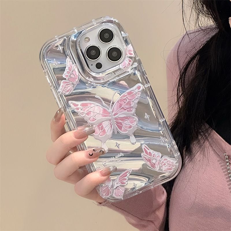 Transparent Bow Phone Case for iPhone 12 13 14 15 pro max with Chain Women Girl Clear Crystal Pink Butterfly Phone Accessories