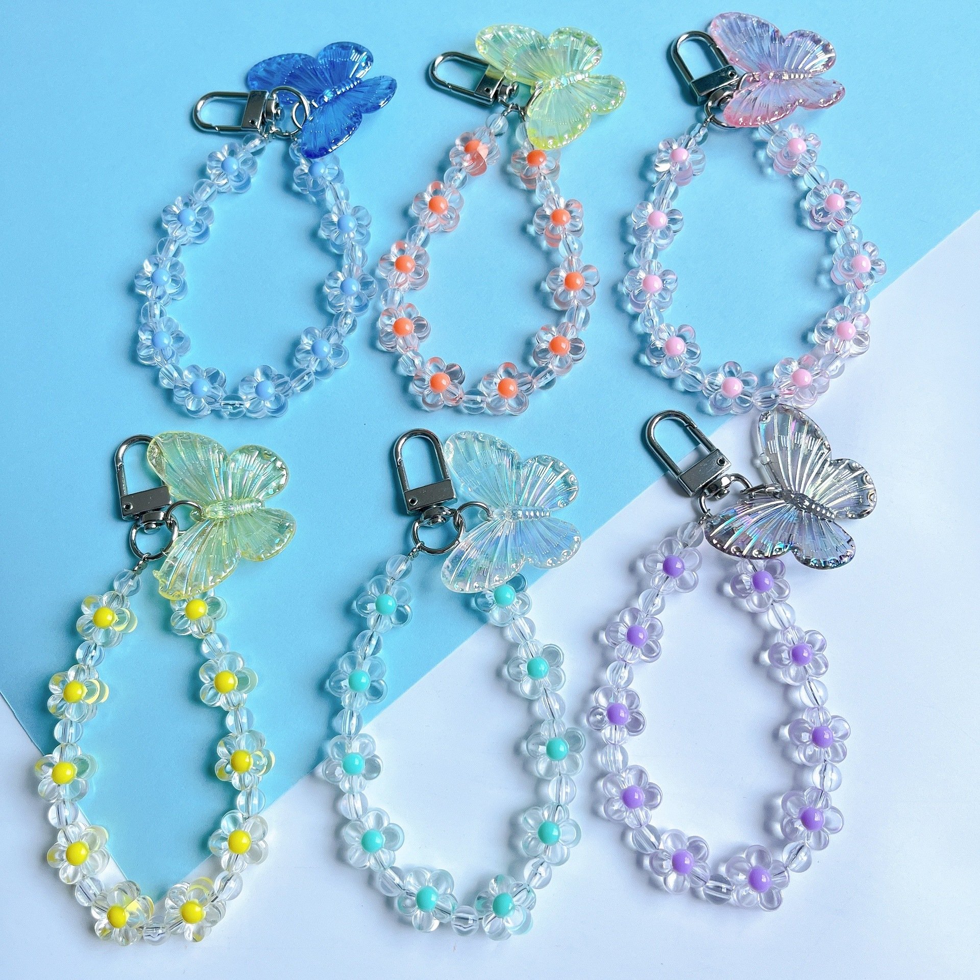 New Trending Luxury colorful butterfly Acrylic Heart Wallet KeyRing Charm Keychain Strap Pendant For Phone accessories