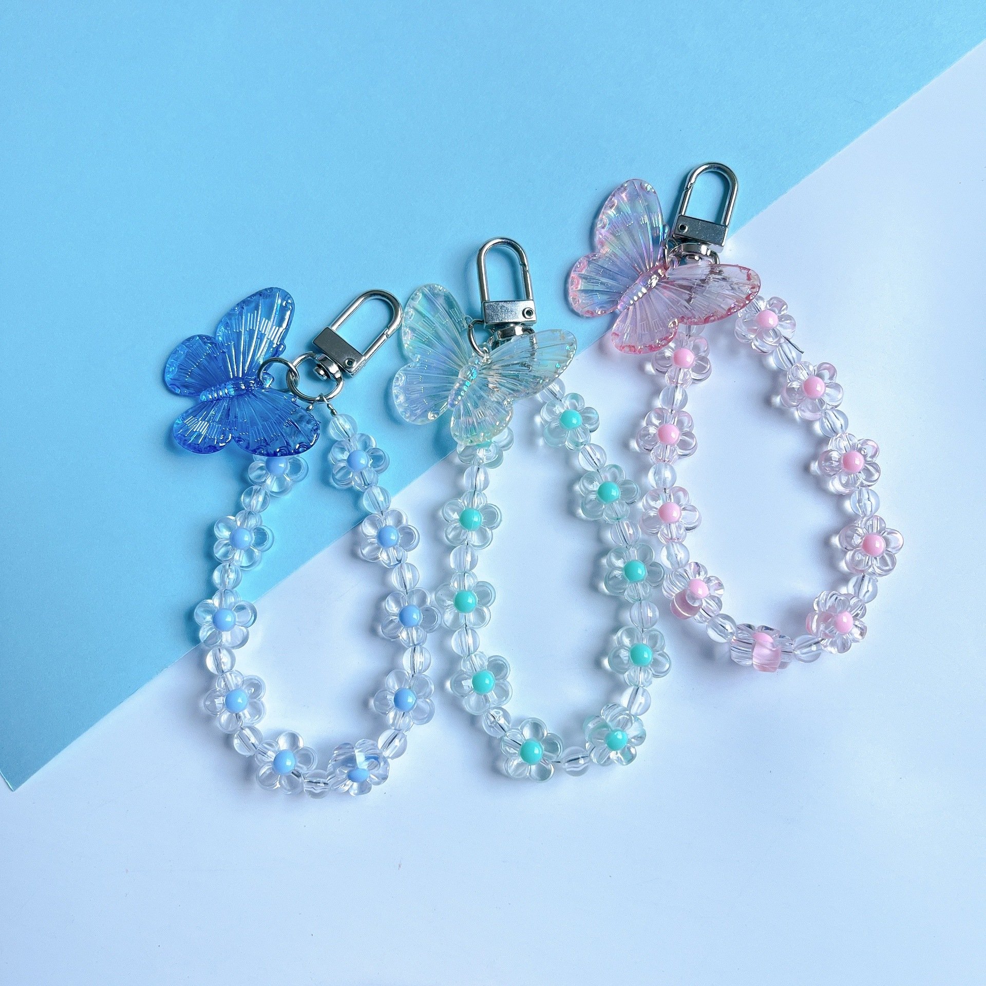 New Trending Luxury colorful butterfly Acrylic Heart Wallet KeyRing Charm Keychain Strap Pendant For Phone accessories