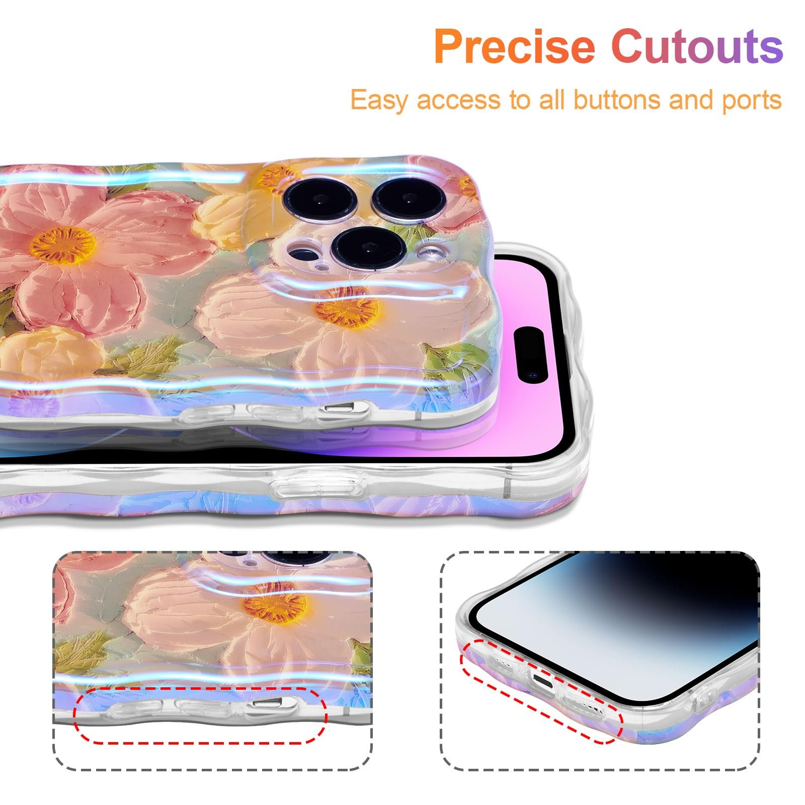 Stylish Phone Case For IPhone 11 12 13 14 15 Pro Max Retro Oil Painting Flower Glossy Cute Floral Wave Border Exquisite Cover