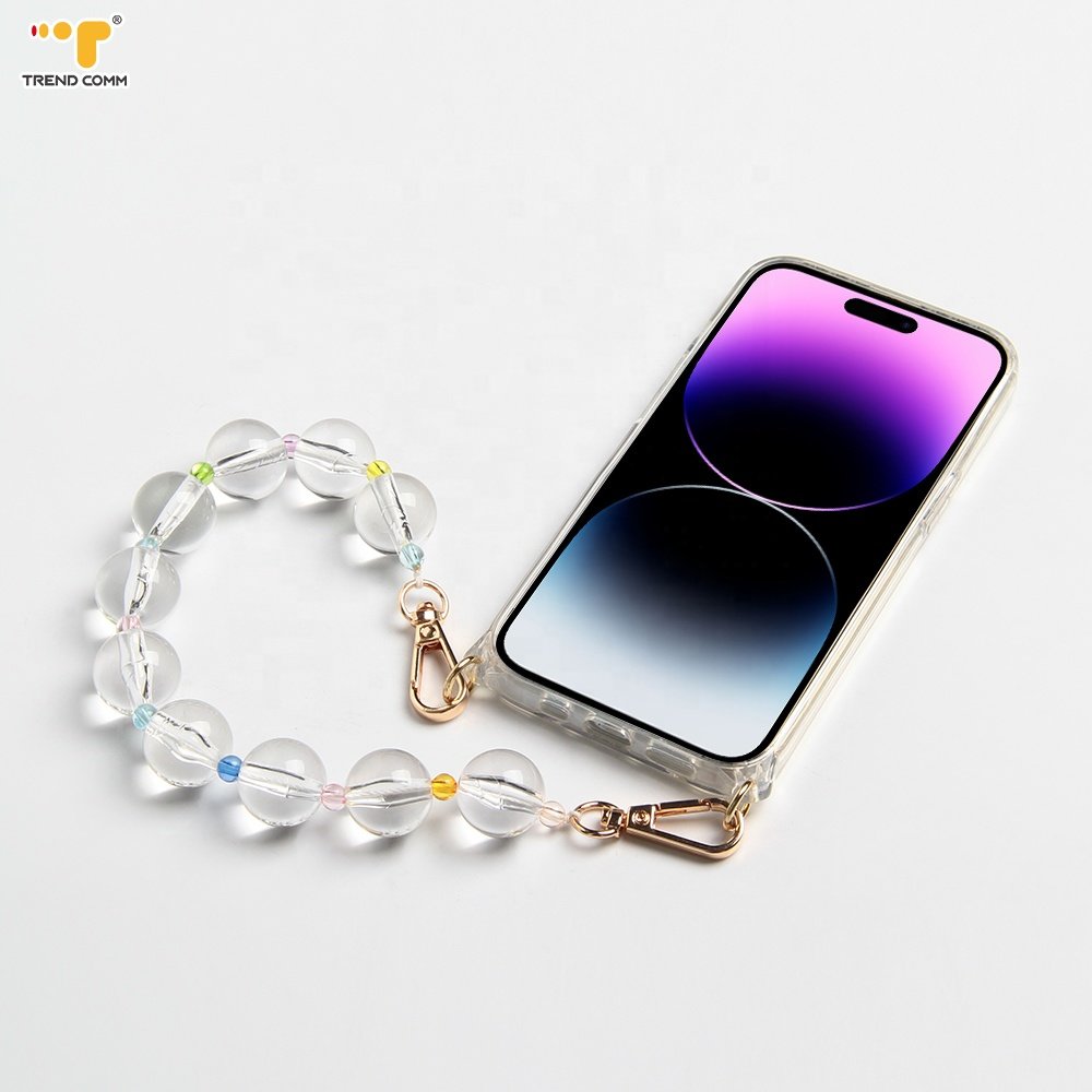 High Quality 40cm Clear Round Bead Phone Chain Crystal Cell Phone Case Charm Chain Wrist Strap For Girls