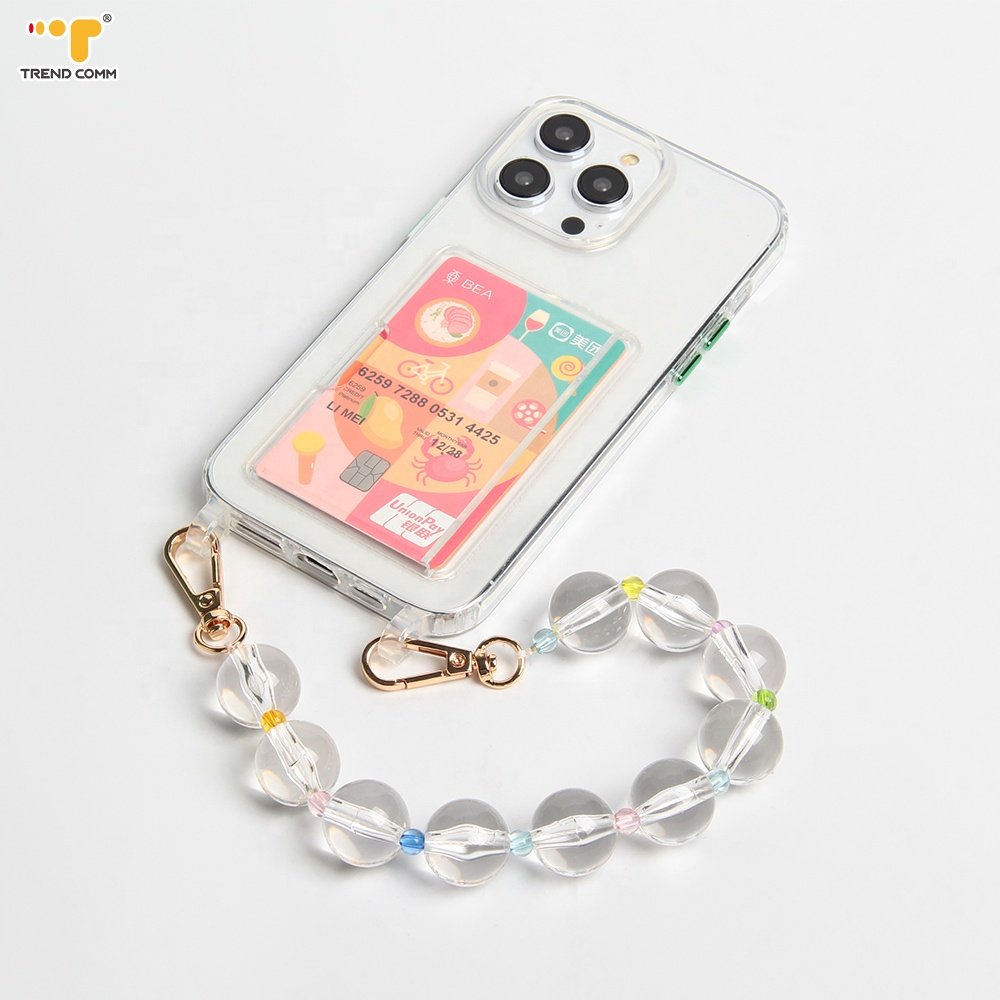 High Quality 40cm Clear Round Bead Phone Chain Crystal Cell Phone Case Charm Chain Wrist Strap For Girls
