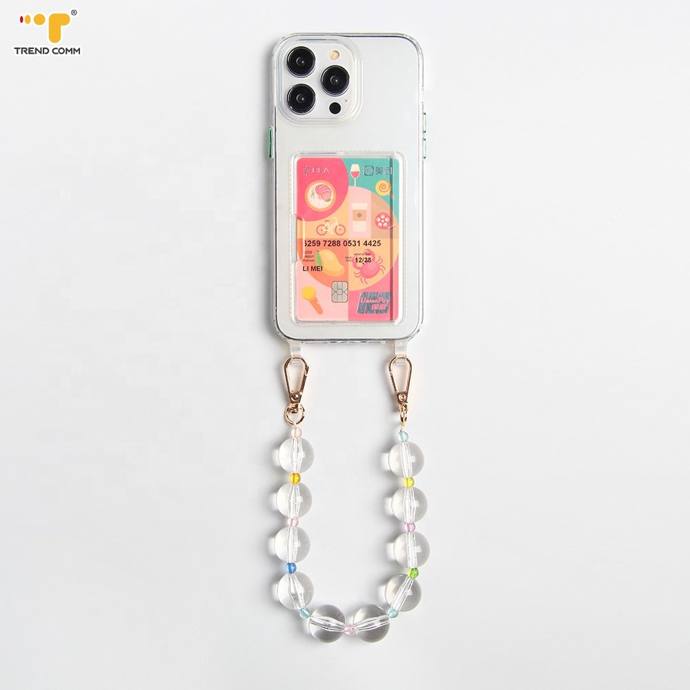 High Quality 40cm Clear Round Bead Phone Chain Crystal Cell Phone Case Charm Chain Wrist Strap For Girls