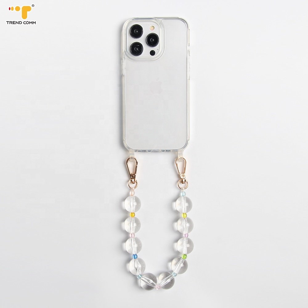High Quality 40cm Clear Round Bead Phone Chain Crystal Cell Phone Case Charm Chain Wrist Strap For Girls