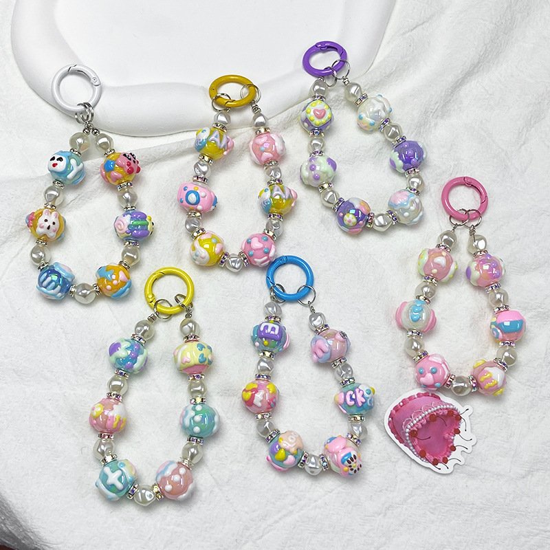 Hand-painted Bead Phone Lanyard Two-Color Beads Phone Charm Bracelet Handmade Keychain Beaded Mobile Phone Chain