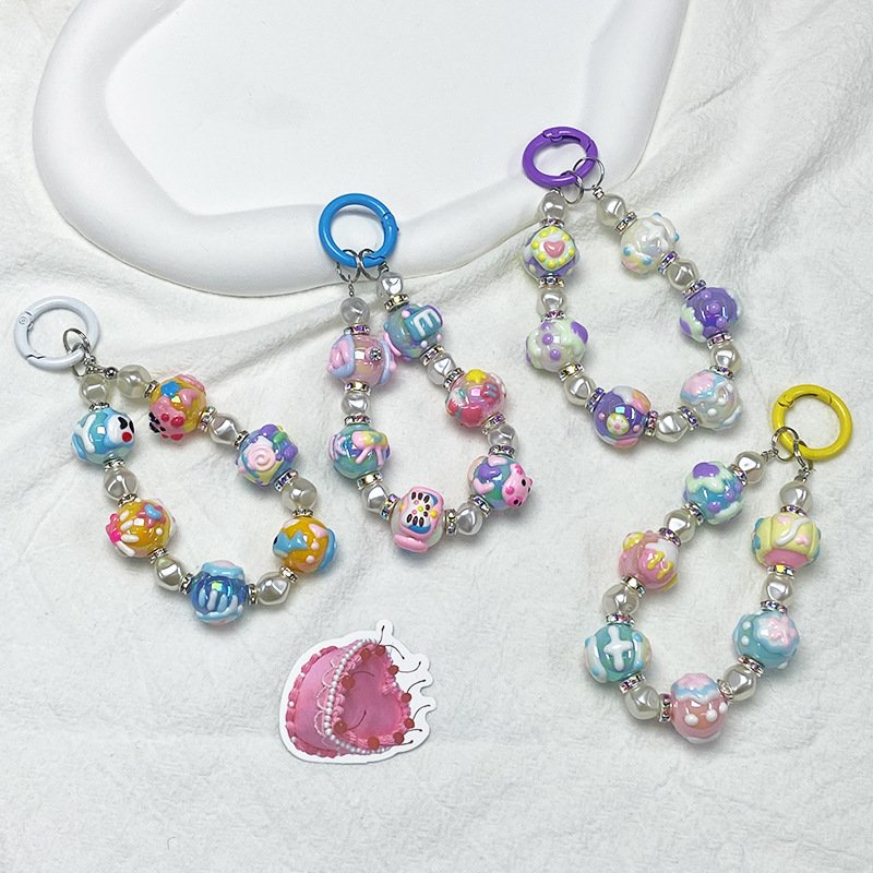 Hand-painted Bead Phone Lanyard Two-Color Beads Phone Charm Bracelet Handmade Keychain Beaded Mobile Phone Chain