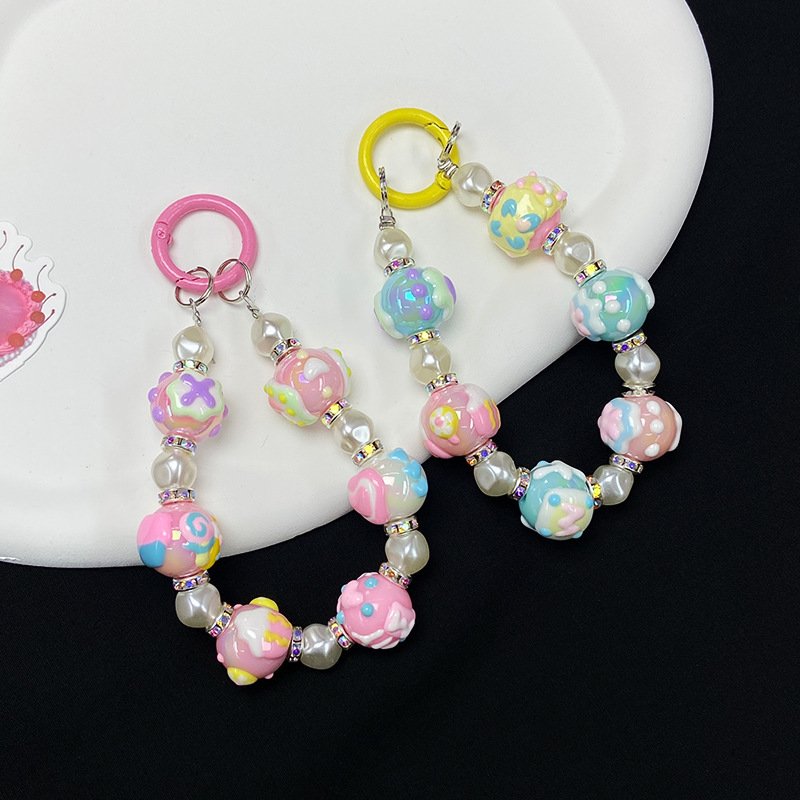 Hand-painted Bead Phone Lanyard Two-Color Beads Phone Charm Bracelet Handmade Keychain Beaded Mobile Phone Chain