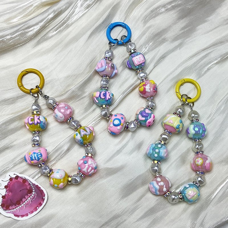 Hand-painted Bead Phone Lanyard Two-Color Beads Phone Charm Bracelet Handmade Keychain Beaded Mobile Phone Chain