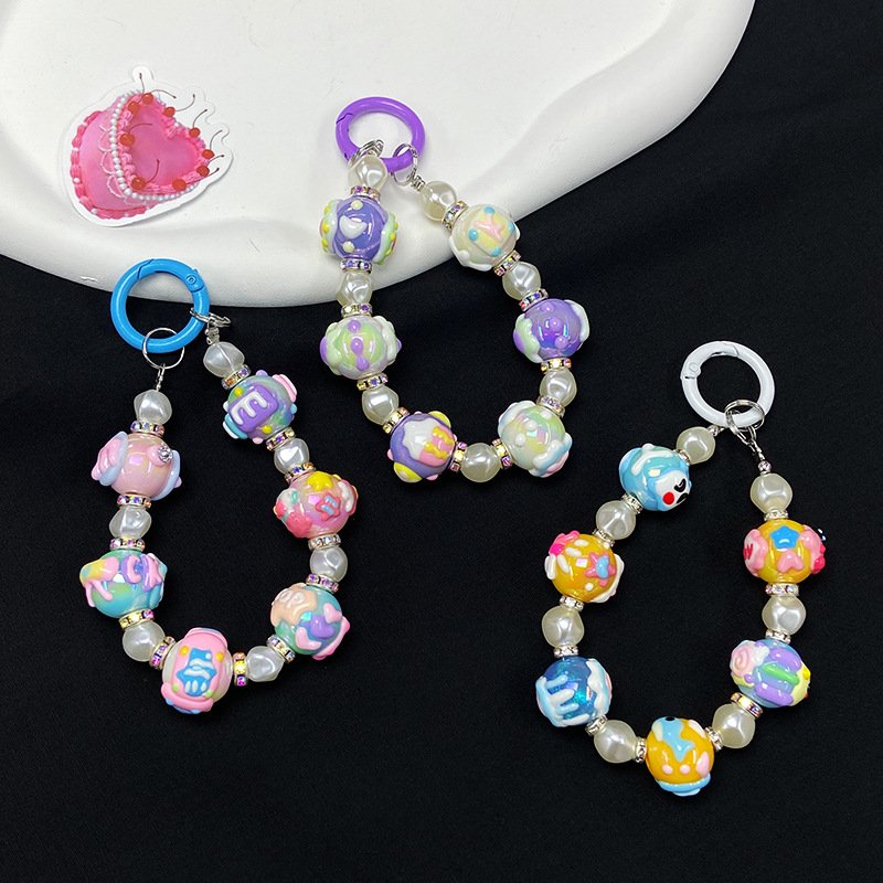 Hand-painted Bead Phone Lanyard Two-Color Beads Phone Charm Bracelet Handmade Keychain Beaded Mobile Phone Chain