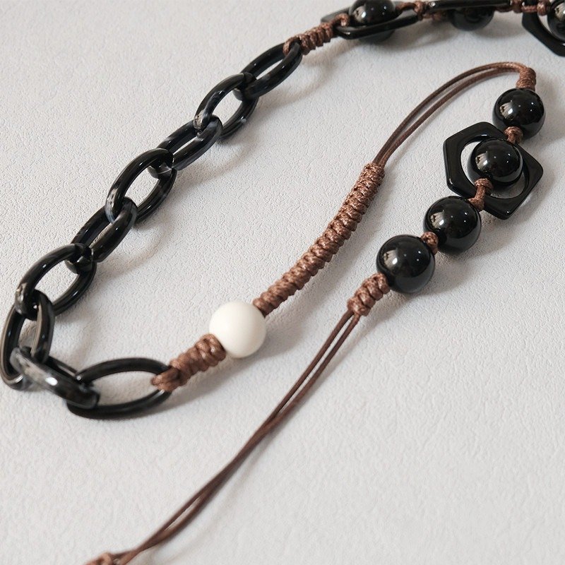 Black Round Acrylic Beads Chain Bag Accessory Braided Mobile Phone Shoulder Strap Handmade Cell Phone Chain Necklace