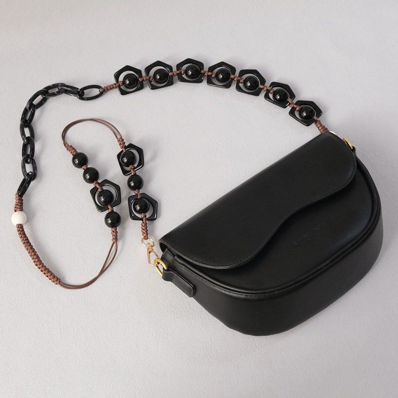 Black Round Acrylic Beads Chain Bag Accessory Braided Mobile Phone Shoulder Strap Handmade Cell Phone Chain Necklace