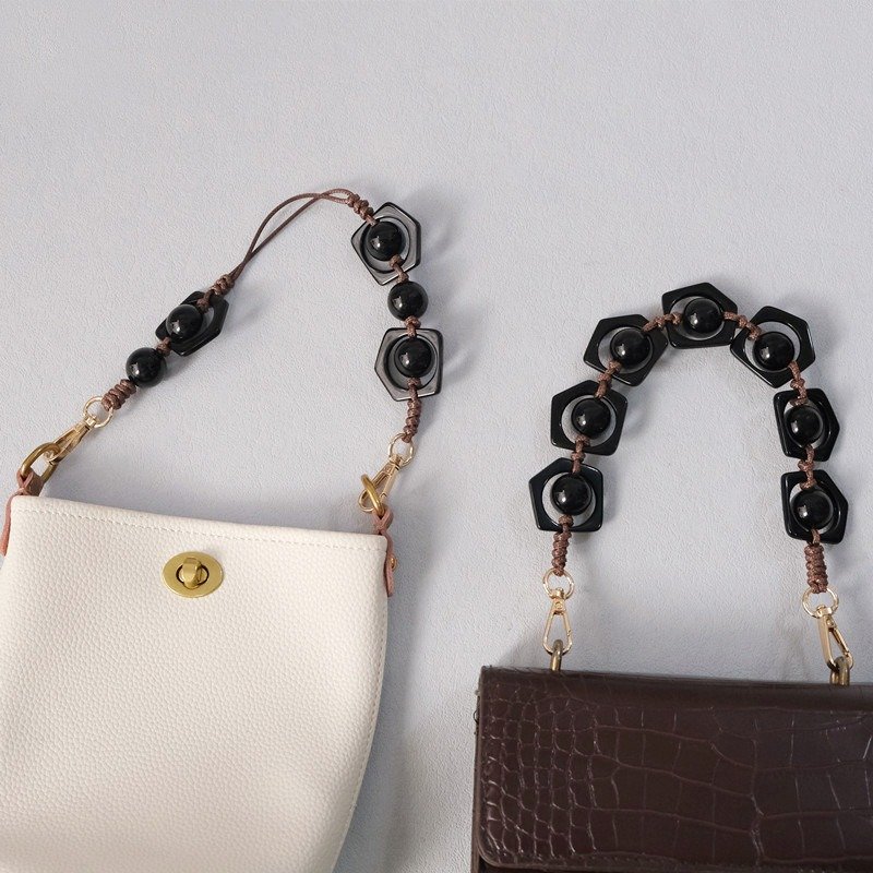 Black Round Acrylic Beads Chain Bag Accessory Braided Mobile Phone Shoulder Strap Handmade Cell Phone Chain Necklace