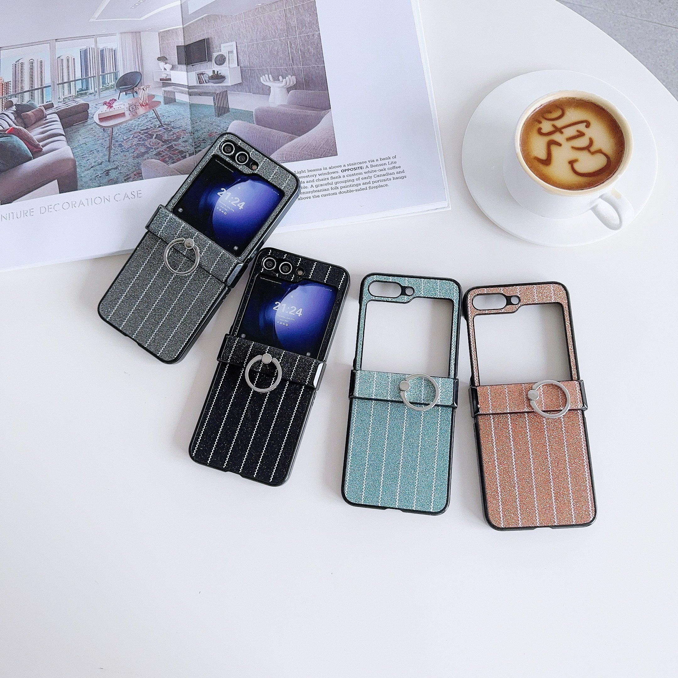 2024 Fashion Glitter Stripes Matching Color Mobile Phone Cases with Bracelet for Samsung Galaxy Z FLIP 6 5 4 3 Vivo XFlip
