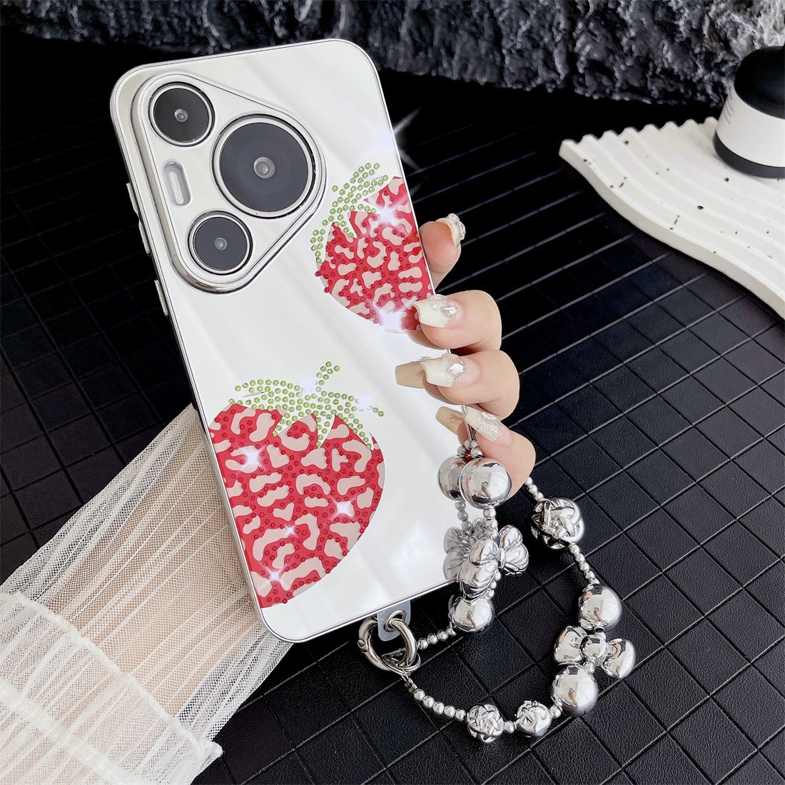 For Huawei Pura 70 Pro 70Pro Luxury Electroplated Silver Butterfly lipstick lips Make-up Mirror Mobile Phone Case with bracelet