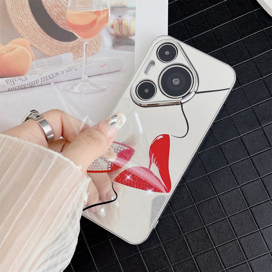For Huawei Pura 70 Pro 70Pro Luxury Electroplated Silver Butterfly lipstick lips Make-up Mirror Mobile Phone Case with bracelet