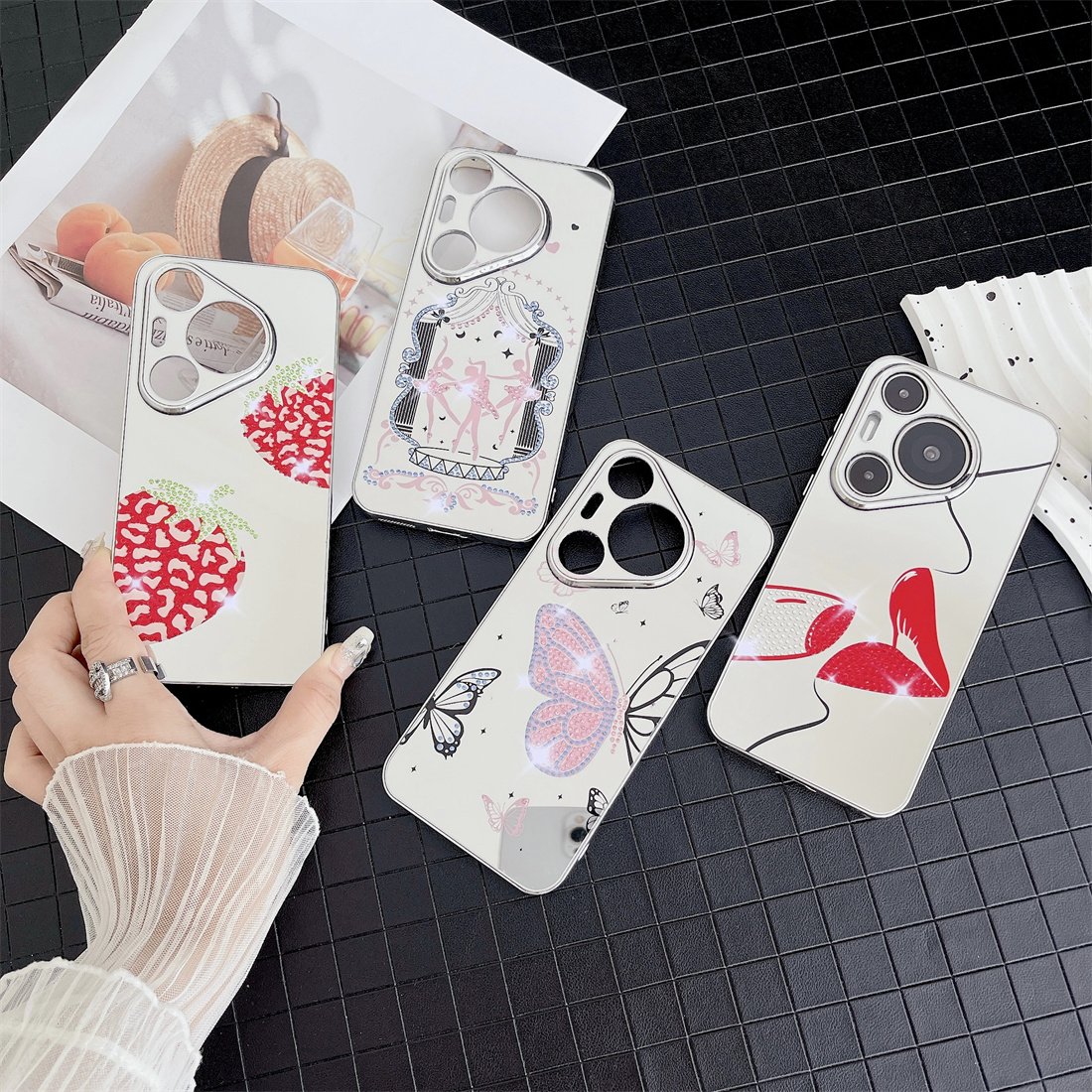 For Huawei Pura 70 Pro 70Pro Luxury Electroplated Silver Butterfly lipstick lips Make-up Mirror Mobile Phone Case with bracelet