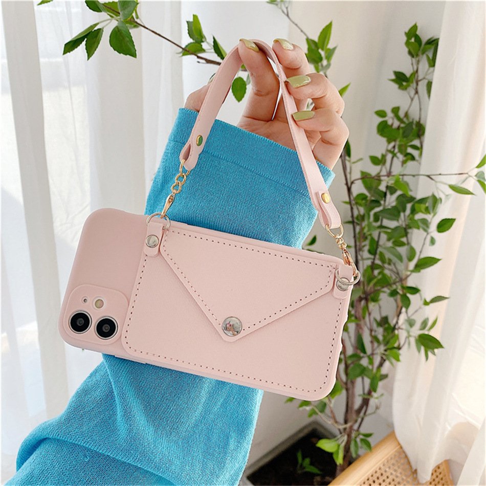 Solid Color PU Leather Wallet Handbag Phone Case For iPhone 12 13 14 16 Pro Max Soft TPU Portable Card Holder Phone Back Cover