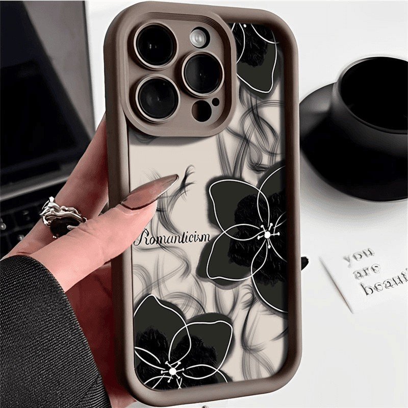 Luxury black flower Phone case For iPhone 16 Pro Max 15 14 13 12 11 XS XR candy color Anti Fall Frosted Shockproof Back Cover