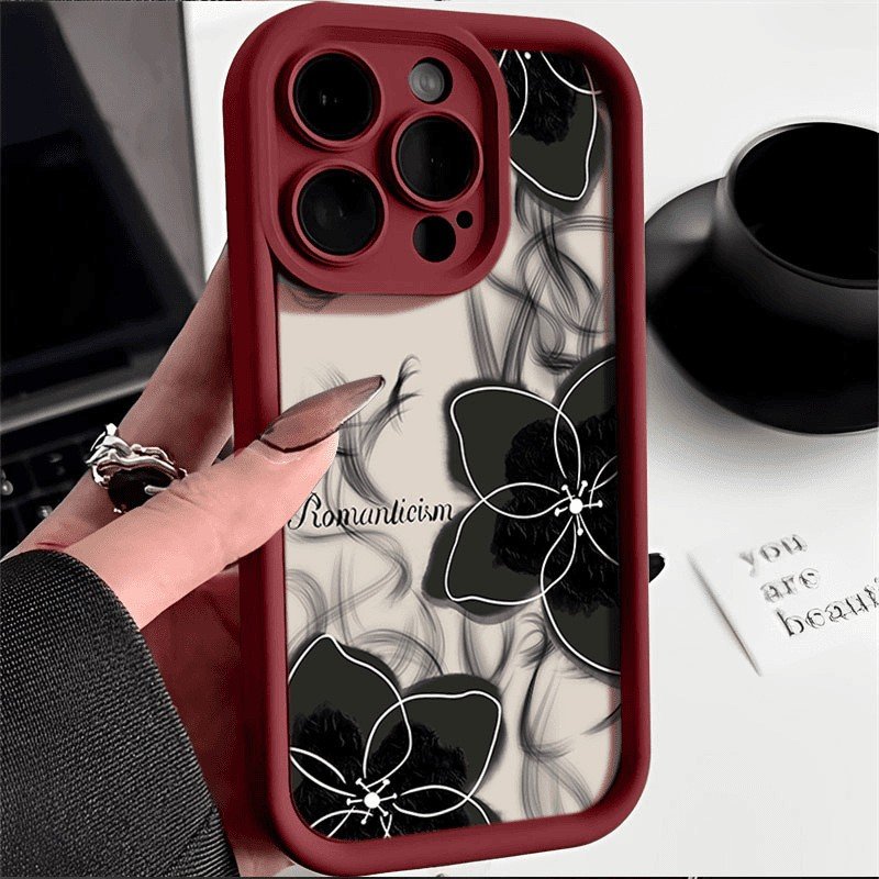 Luxury black flower Phone case For iPhone 16 Pro Max 15 14 13 12 11 XS XR candy color Anti Fall Frosted Shockproof Back Cover