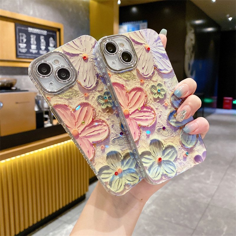 Hot New Full Cover Camera Lens Protection Diamond Blue Flower Mobile Phone Case on For iPhone 13 14 15 12 11 Pro Max Back Cover