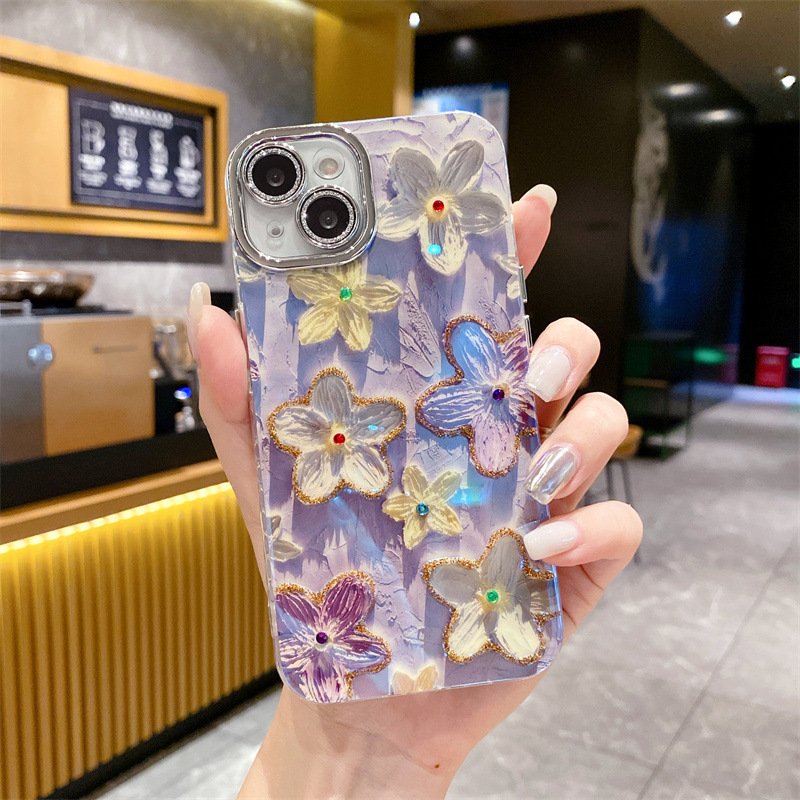 Hot New Full Cover Camera Lens Protection Diamond Blue Flower Mobile Phone Case on For iPhone 13 14 15 12 11 Pro Max Back Cover