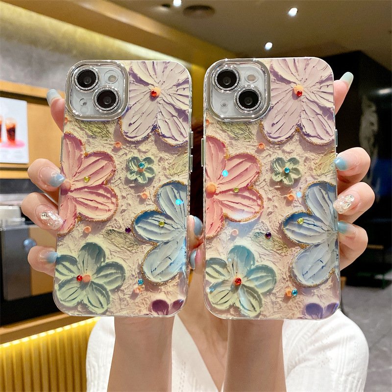 Hot New Full Cover Camera Lens Protection Diamond Blue Flower Mobile Phone Case on For iPhone 13 14 15 12 11 Pro Max Back Cover
