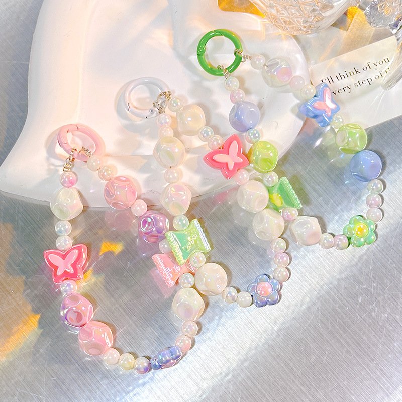 Color phone case chain Keychain bag pendant Fashion Butterfly accessories Girl gift Mobile phone chain lanyard wholesale