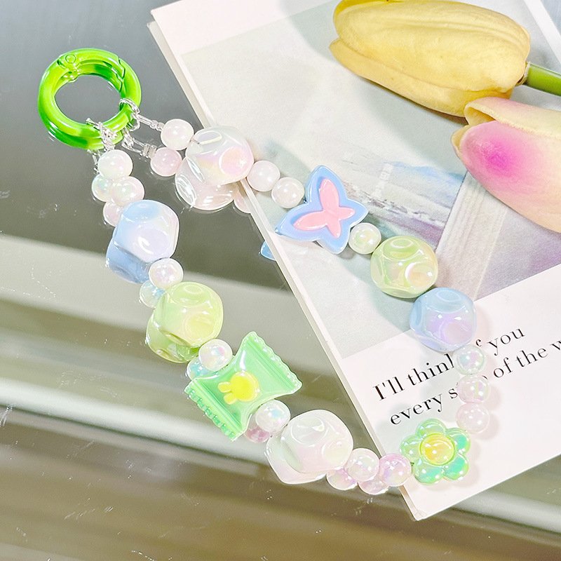 Color phone case chain Keychain bag pendant Fashion Butterfly accessories Girl gift Mobile phone chain lanyard wholesale