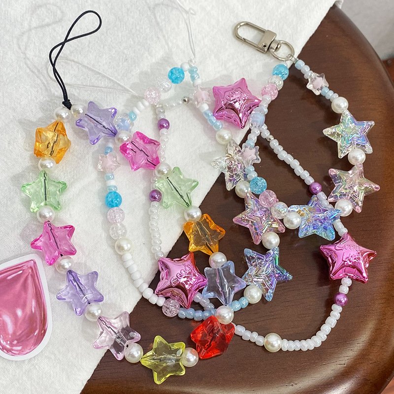 Wholesale Handmade Clear Beaded Mobile Phone Chain Cute Star DIY Camera Wrist Strap Phone Case Lanyard Acrylic Jewelry