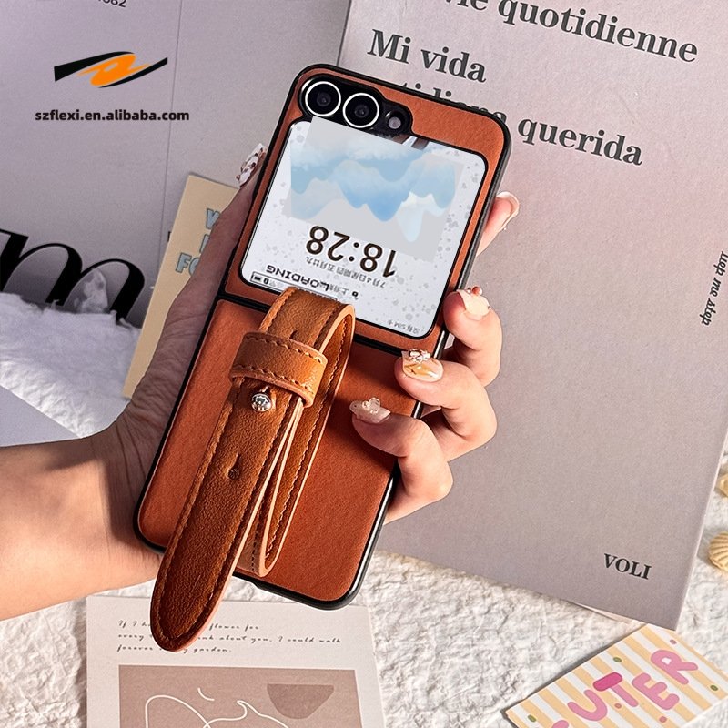 Protective Shockproof PC Luxury Folding PU Leather Phone Case With Wrist Strap Back Cover For Samsung Galaxy Z Flip6