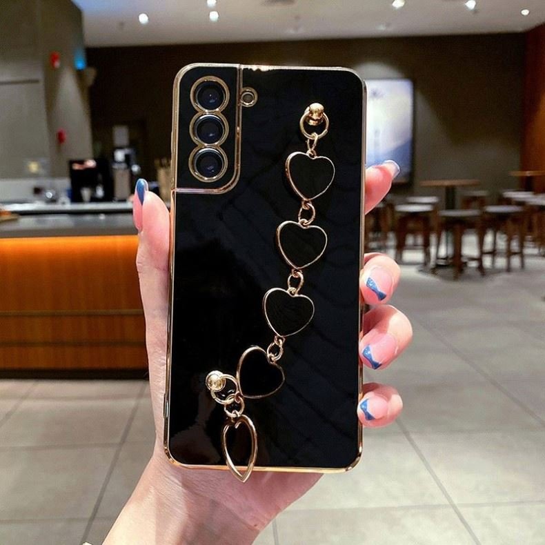 Luxury Electroplate Love Heart Chain Wrist Bracelet Phone Case For Samsung S22 PLUS A52/A32/A73/A53