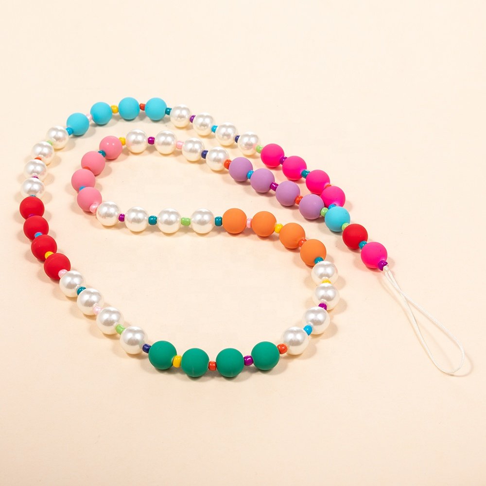 wholesale style custom colorful bead chain phone hand strap diy mobile phone charm chain with pearl for women jewelry