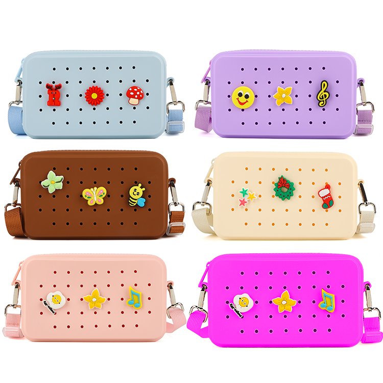 2024 New Arrival Summer Croc Hole Silicone Mobile Phone Bag Purse Female Mini Crossbody Sling Bogg Bag Shoulder Strap