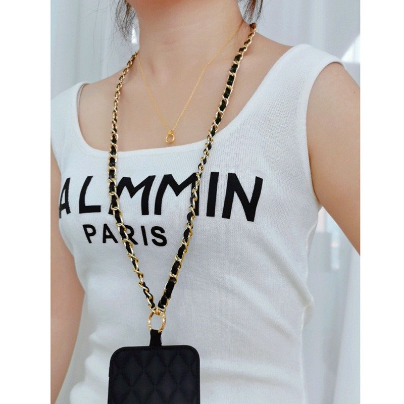 PU Leather Gold Plated Mobile Phone Chain Earphone Bag Smartphone Crossbody Necklace Strap Black Cellphone Chain Accessory