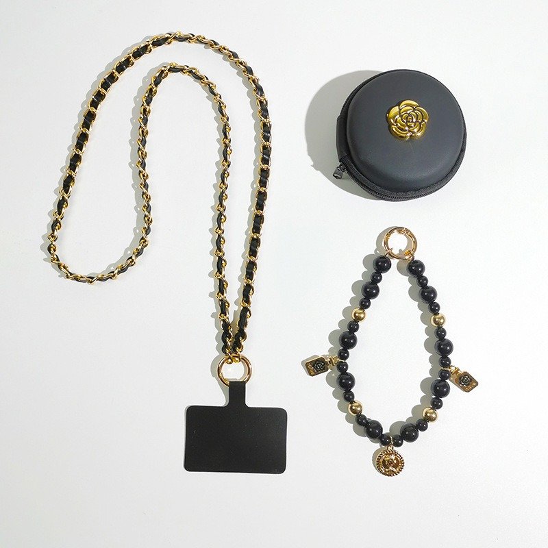 PU Leather Gold Plated Mobile Phone Chain Earphone Bag Smartphone Crossbody Necklace Strap Black Cellphone Chain Accessory