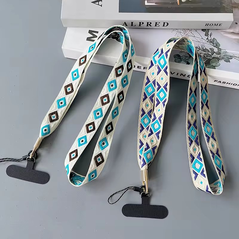 Custom universal Bohemian woven shoulder braided crossbody polyester Necklace mobile phone strap lanyard with patch